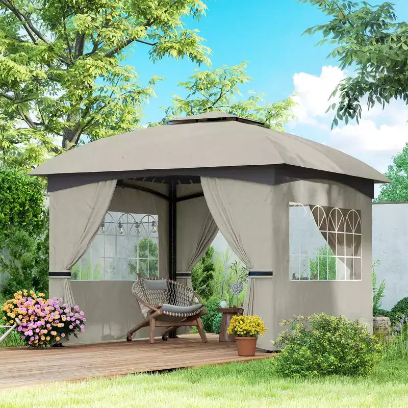Gazebo extérieur 11' x 11', gazebo de patio à double toit avec rideaux, fenêtres d'église, cadre en acier galvanisé