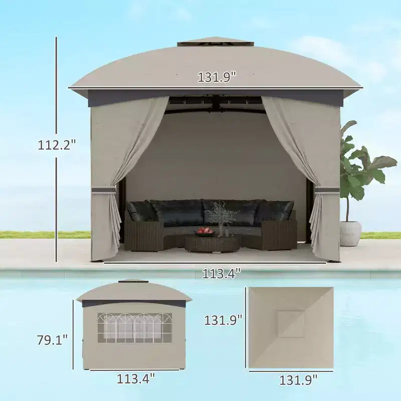 Gazebo extérieur 11' x 11', gazebo de patio à double toit avec rideaux, fenêtres d'église, cadre en acier galvanisé