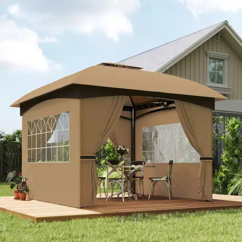 Gazebo extérieur 11' x 11', gazebo de patio à double toit avec rideaux, fenêtres d'église, cadre en acier galvanisé