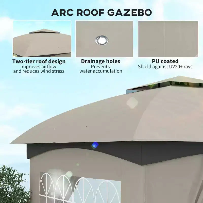 Gazebo extérieur 11' x 11', gazebo de patio à double toit avec rideaux, fenêtres d'église, cadre en acier galvanisé