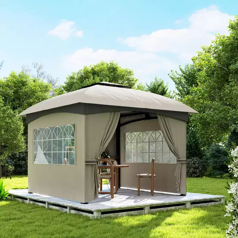 Gazebo extérieur 11' x 11', gazebo de patio à double toit avec rideaux, fenêtres d'église, cadre en acier galvanisé