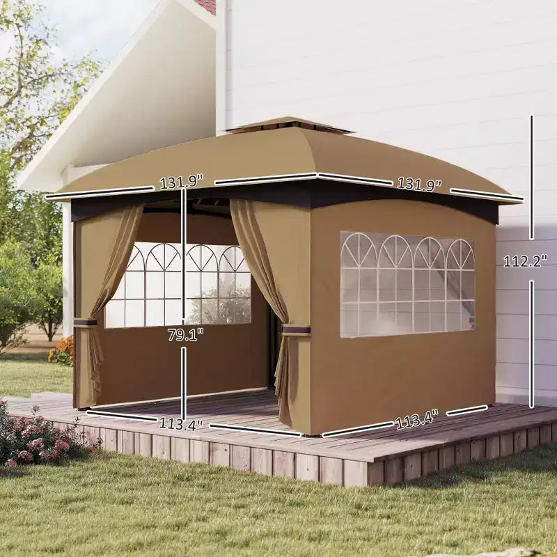 Gazebo extérieur 11' x 11', gazebo de patio à double toit avec rideaux, fenêtres d'église, cadre en acier galvanisé