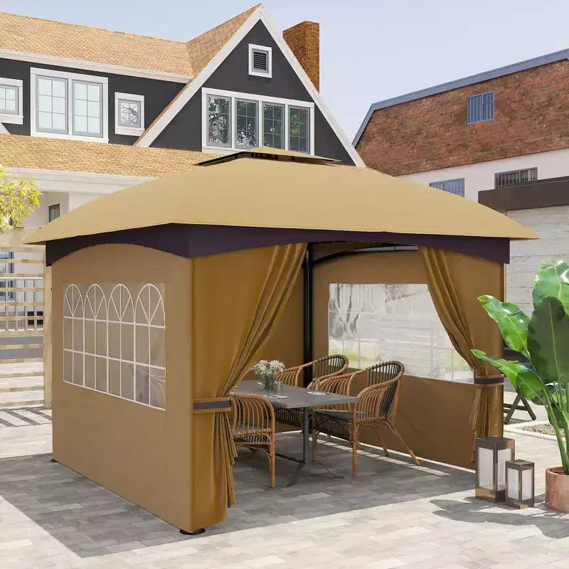 Gazebo extérieur 11' x 11', gazebo de patio à double toit avec rideaux, fenêtres d'église, cadre en acier galvanisé