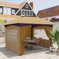 Gazebo extérieur 11' x 11', gazebo de patio à double toit avec rideaux, fenêtres d'église, cadre en acier galvanisé