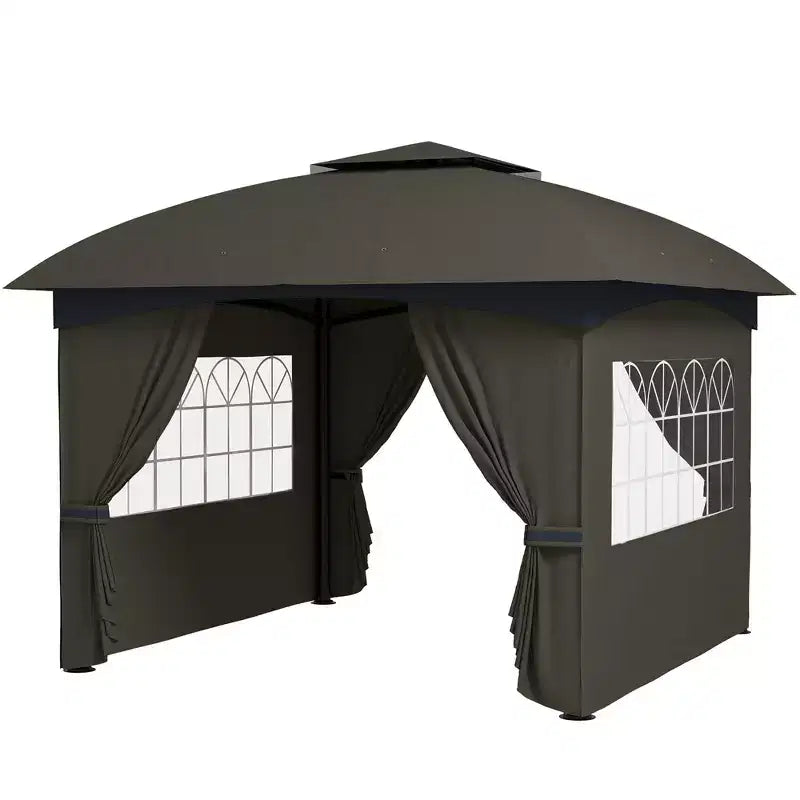 Gazebo extérieur 11' x 11', gazebo de patio à double toit avec rideaux, fenêtres d'église, cadre en acier galvanisé