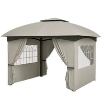 Gazebo extérieur 11' x 11', gazebo de patio à double toit avec rideaux, fenêtres d'église, cadre en acier galvanisé