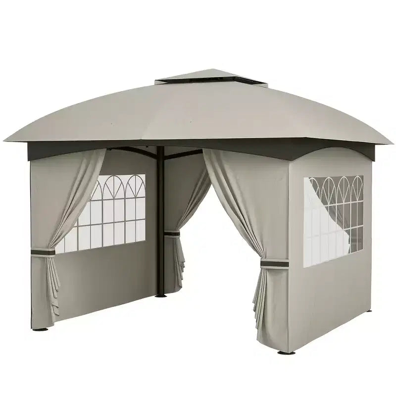 Gazebo extérieur 11' x 11', gazebo de patio à double toit avec rideaux, fenêtres d'église, cadre en acier galvanisé