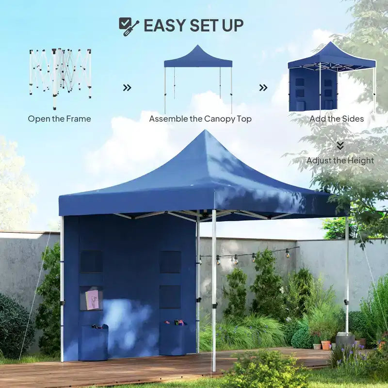 Tente de réception escamotable robuste 3x3m avec parois latérales, abri solaire instantané UPF50+ avec poches de rangement