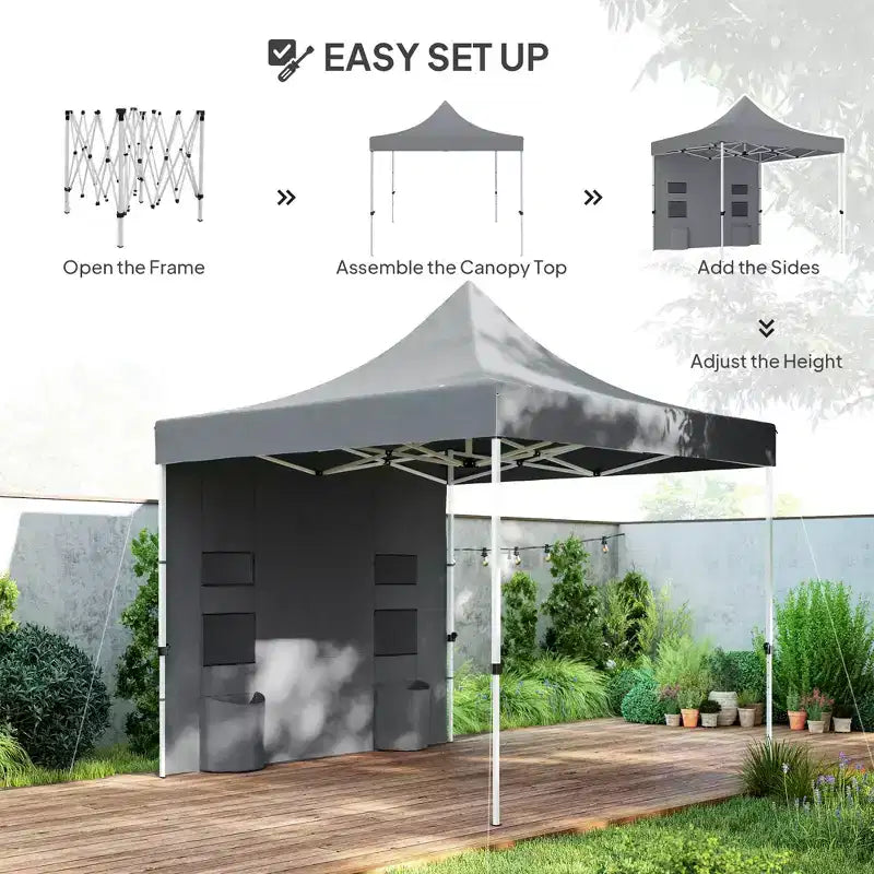 Tente de réception escamotable robuste 3x3m avec parois latérales, abri solaire instantané UPF50+ avec poches de rangement