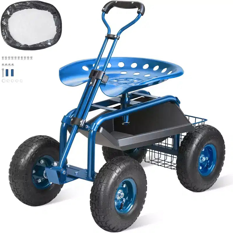 Chariot de jardin Siège roulant Siège pivotant à 360° Pneus gonflables de 10 pouces Panier de rangement 136 kg Bleu
