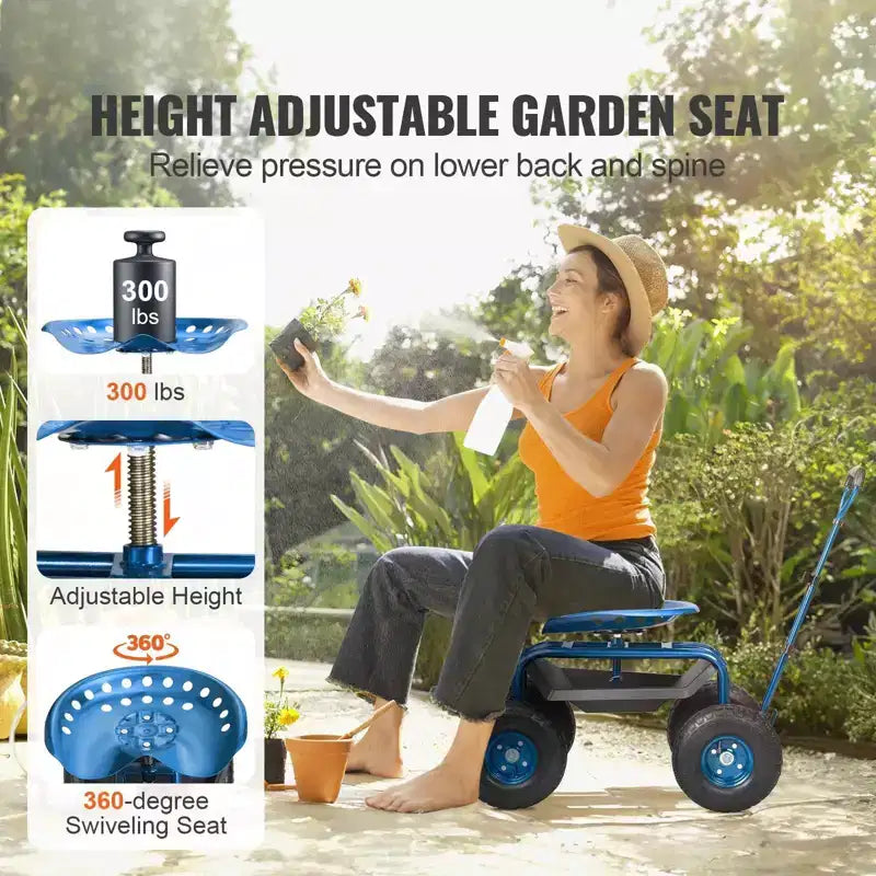 Chariot de jardin Siège roulant Siège pivotant à 360° Pneus gonflables de 10 pouces Panier de rangement 136 kg Bleu