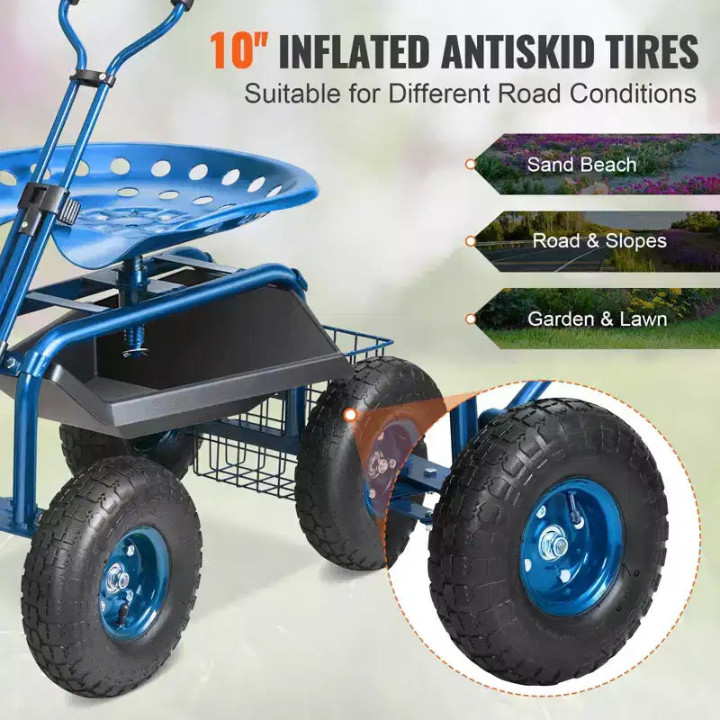 Chariot de jardin Siège roulant Siège pivotant à 360° Pneus gonflables de 10 pouces Panier de rangement 136 kg Bleu