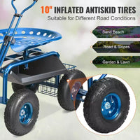 Chariot de jardin Siège roulant Siège pivotant à 360° Pneus gonflables de 10 pouces Panier de rangement 136 kg Bleu