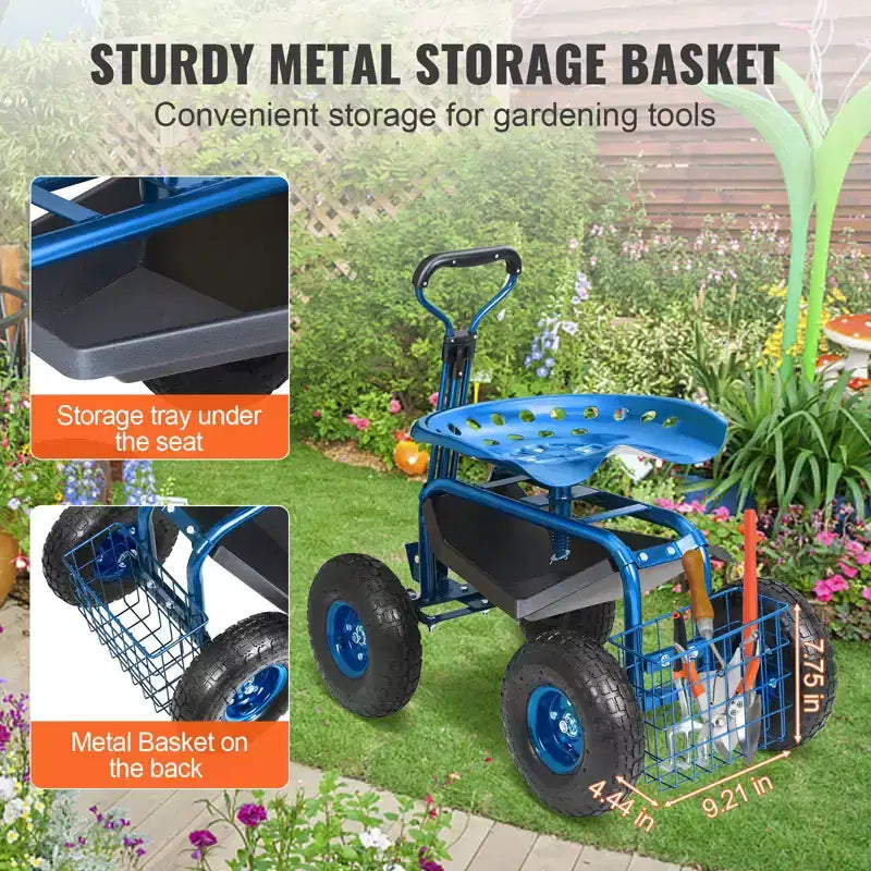 Chariot de jardin Siège roulant Siège pivotant à 360° Pneus gonflables de 10 pouces Panier de rangement 136 kg Bleu