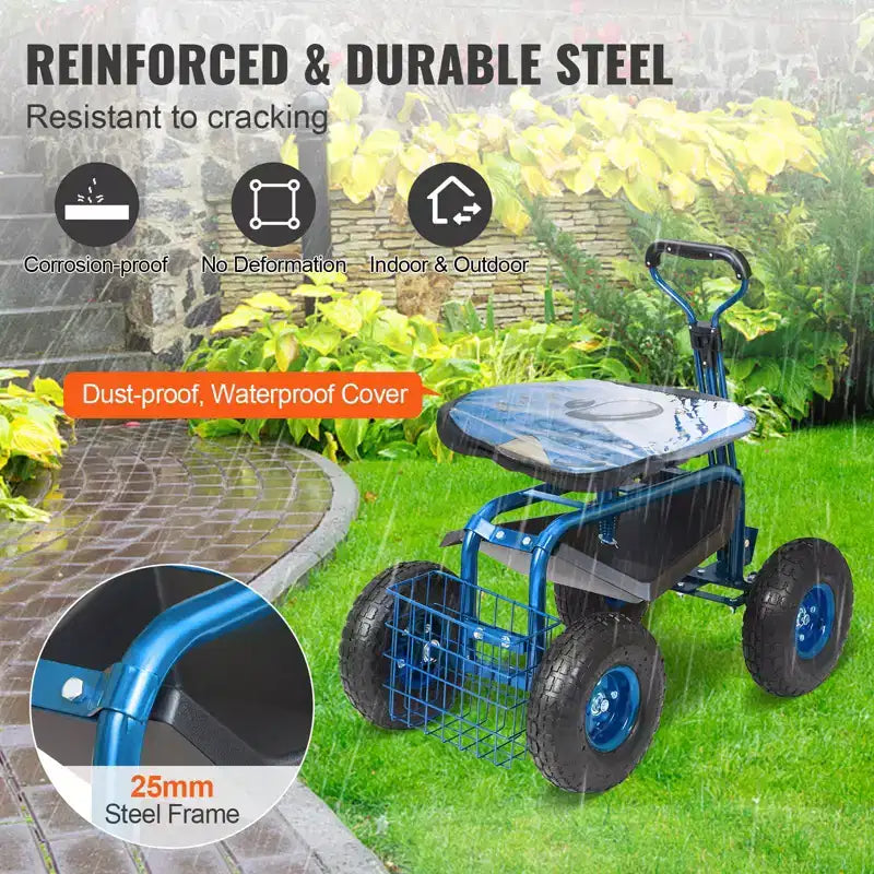 Chariot de jardin Siège roulant Siège pivotant à 360° Pneus gonflables de 10 pouces Panier de rangement 136 kg Bleu