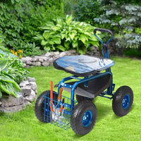 Chariot de jardin Siège roulant Siège pivotant à 360° Pneus gonflables de 10 pouces Panier de rangement 136 kg Bleu