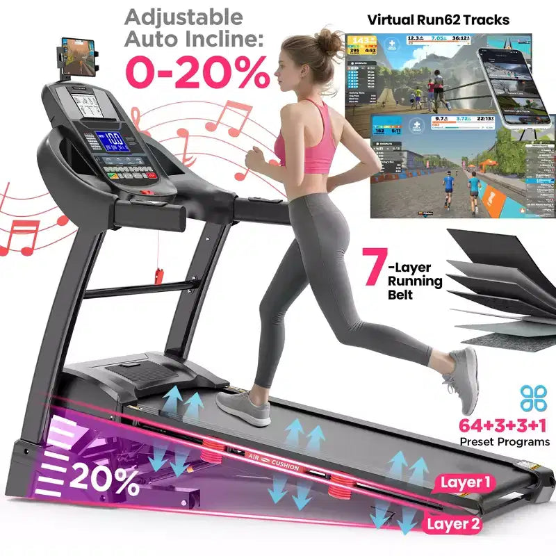 Tapis de course pliable 4-en-1 avec poignée, inclinaison à 20%, tapis de course pour la maison, moteur sans balais silencieux de 5 CV avec double affichage LED