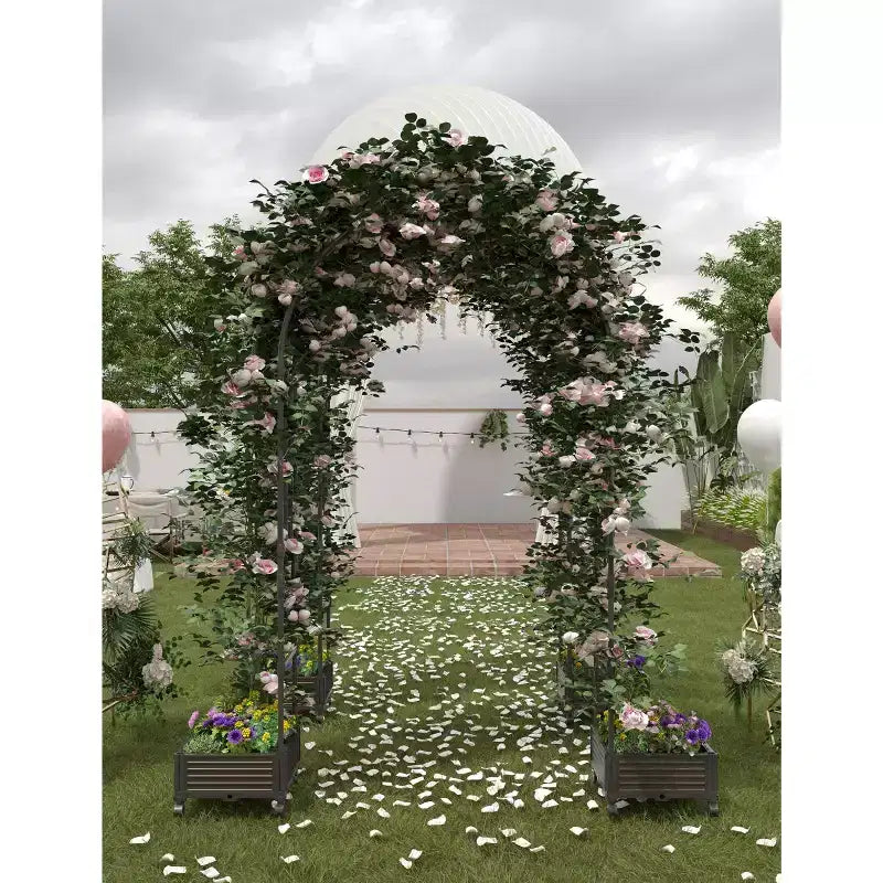 Arche de jardin solide en métal avec jardinière surélevée, pergola haute d'extérieur pour plantes grimpantes, mariages, fêtes, décoration de jardin, support pour vignes