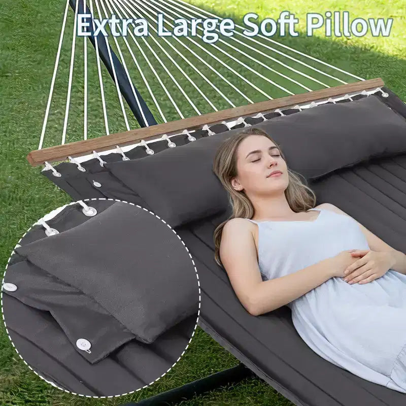 Grand hamac double avec support en acier robuste, hamac en tissu matelassé avec oreiller et corde épaisse, hamac portable et durable pour patio extérieur