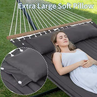 Grand hamac double avec support en acier robuste, hamac en tissu matelassé avec oreiller et corde épaisse, hamac portable et durable pour patio extérieur