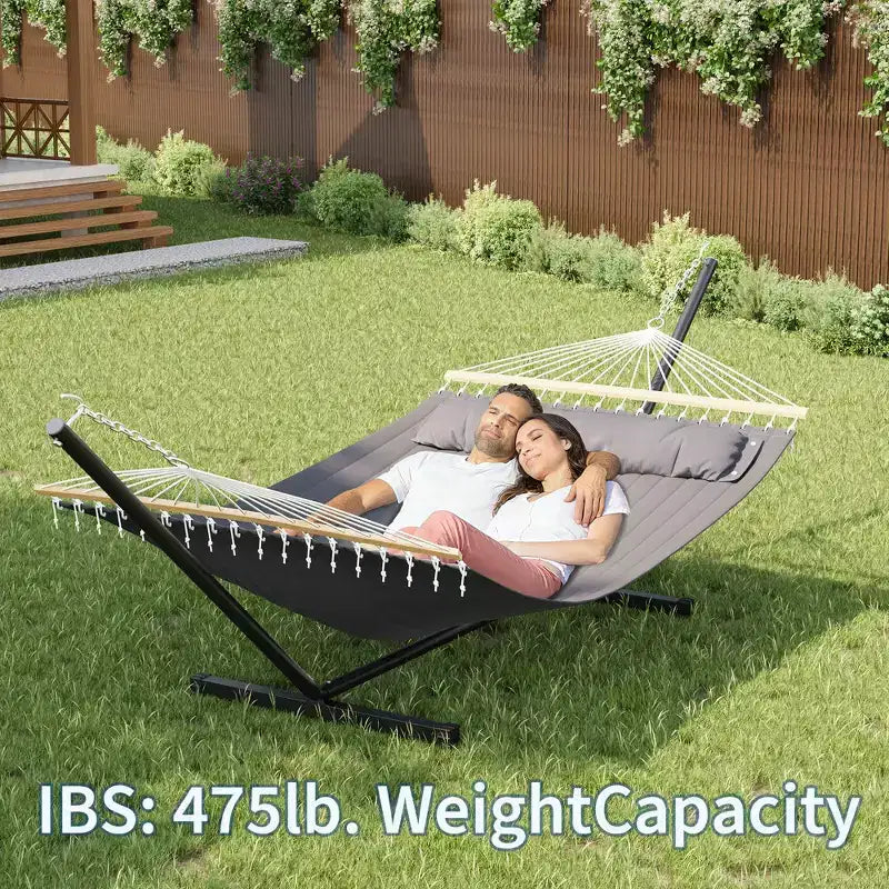 Grand hamac double avec support en acier robuste, hamac en tissu matelassé avec oreiller et corde épaisse, hamac portable et durable pour patio extérieur