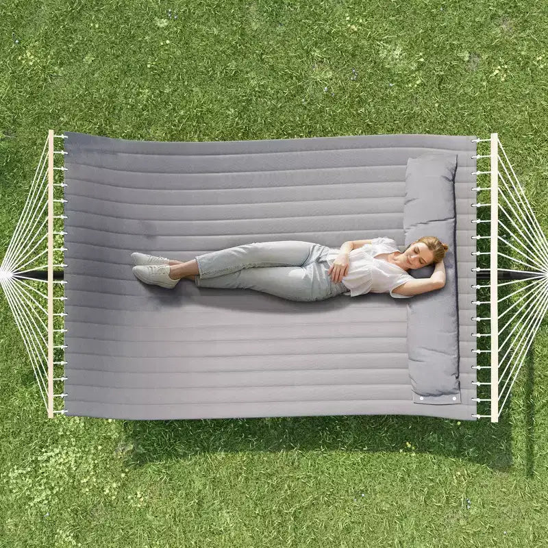 Grand hamac double avec support en acier robuste, hamac en tissu matelassé avec oreiller et corde épaisse, hamac portable et durable pour patio extérieur