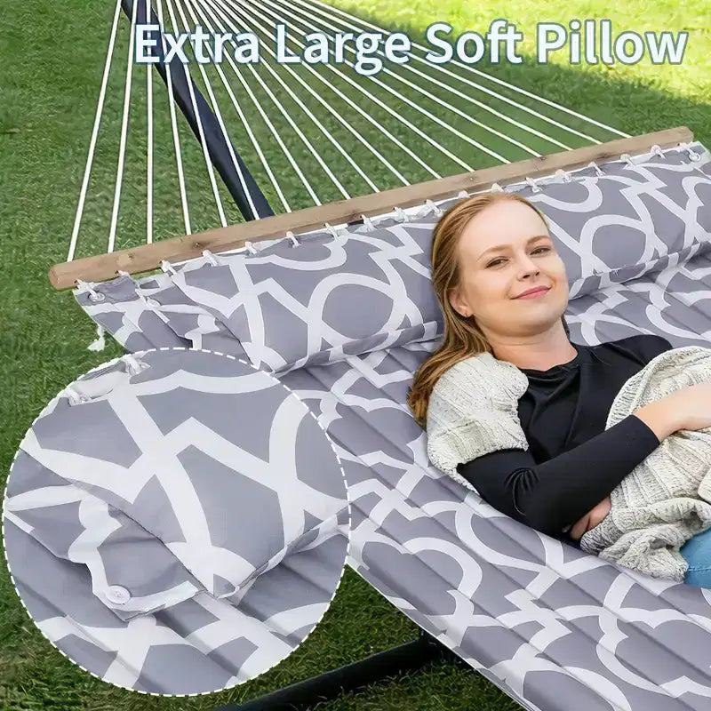 Grand hamac double avec support en acier robuste, hamac en tissu matelassé avec oreiller et corde épaisse, hamac portable et durable pour patio extérieur