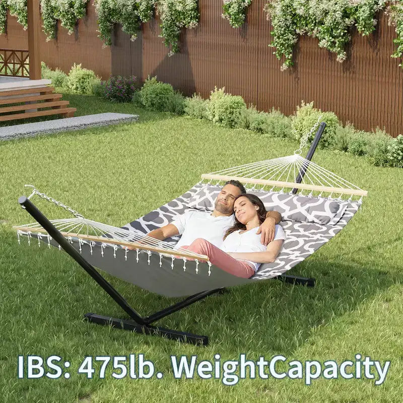 Grand hamac double avec support en acier robuste, hamac en tissu matelassé avec oreiller et corde épaisse, hamac portable et durable pour patio extérieur