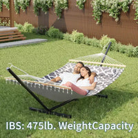 Grand hamac double avec support en acier robuste, hamac en tissu matelassé avec oreiller et corde épaisse, hamac portable et durable pour patio extérieur