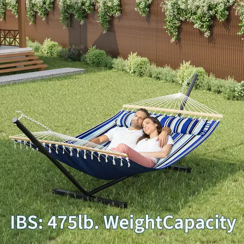 Grand hamac double avec support en acier robuste, hamac en tissu matelassé avec oreiller et corde épaisse, hamac portable et durable pour patio extérieur