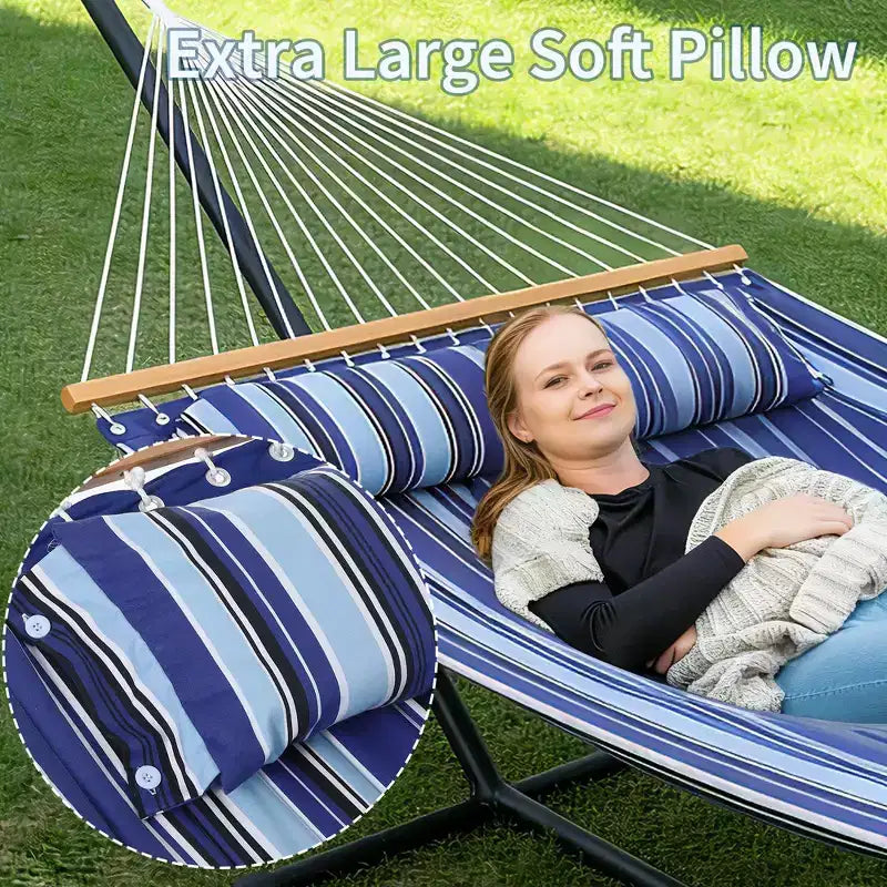 Grand hamac double avec support en acier robuste, hamac en tissu matelassé avec oreiller et corde épaisse, hamac portable et durable pour patio extérieur