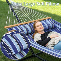 Grand hamac double avec support en acier robuste, hamac en tissu matelassé avec oreiller et corde épaisse, hamac portable et durable pour patio extérieur