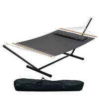 Grand hamac double avec support en acier robuste, hamac en tissu matelassé avec oreiller et corde épaisse, hamac portable et durable pour patio extérieur