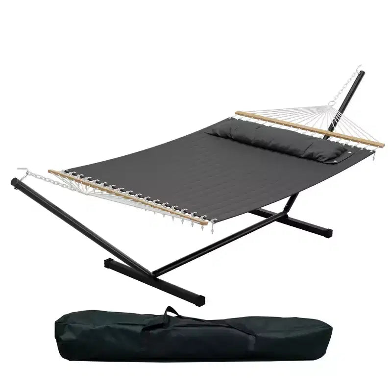 Grand hamac double avec support en acier robuste, hamac en tissu matelassé avec oreiller et corde épaisse, hamac portable et durable pour patio extérieur