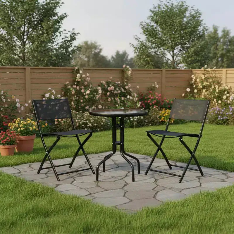 Ensemble de bistrot extérieur 3 pièces Gymax avec chaises pliantes et table ronde pour jardin, cour ou terrasse