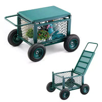 Chariot de jardin roulant robuste avec siège 400 lb, tabouret métallique de rangement, roues 8 po, vert