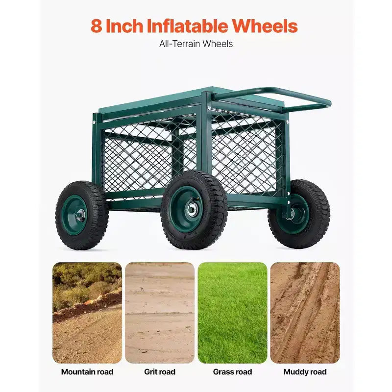 Chariot de jardin roulant robuste avec siège 400 lb, tabouret métallique de rangement, roues 8 po, vert