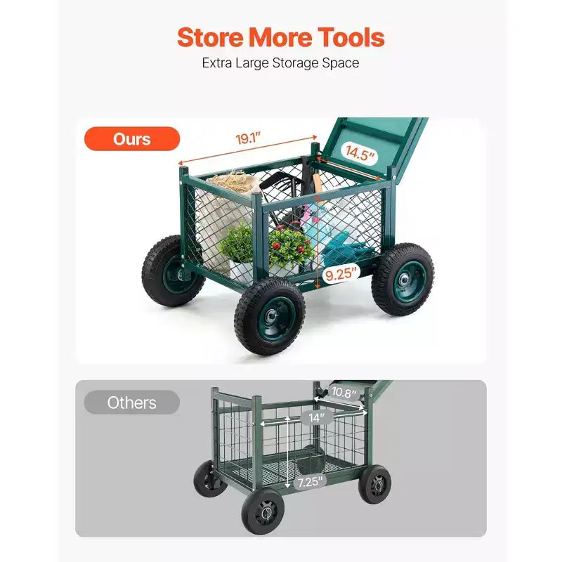 Chariot de jardin roulant robuste avec siège 400 lb, tabouret métallique de rangement, roues 8 po, vert
