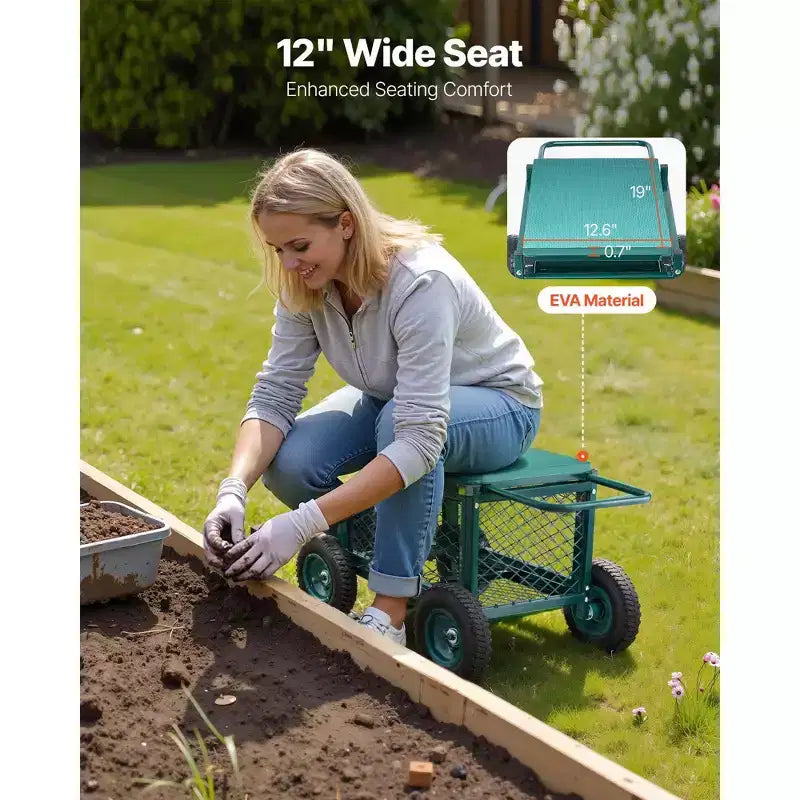 Chariot de jardin roulant robuste avec siège 400 lb, tabouret métallique de rangement, roues 8 po, vert