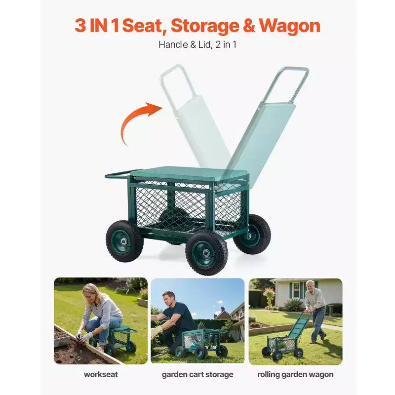 Chariot de jardin roulant robuste avec siège 400 lb, tabouret métallique de rangement, roues 8 po, vert