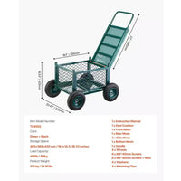 Chariot de jardin roulant robuste avec siège 400 lb, tabouret métallique de rangement, roues 8 po, vert