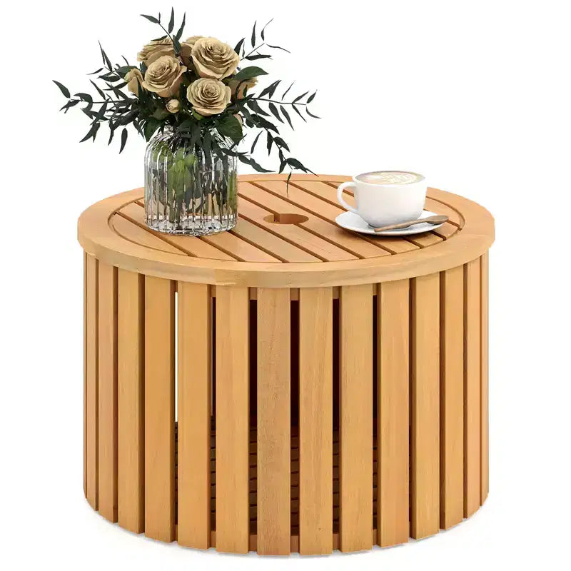 Table d'appoint d'extérieur 2-en-1 Costway avec rangement, trou pour parasol et base amovible pour jardin