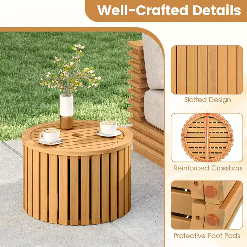 Table d'appoint d'extérieur 2-en-1 Costway avec rangement, trou pour parasol et base amovible pour jardin
