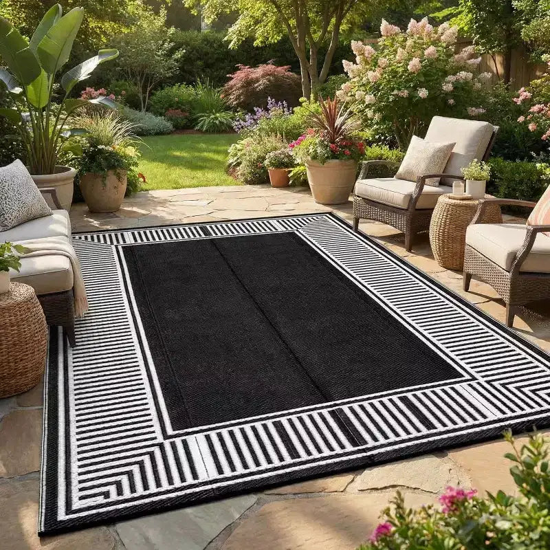 Tapis d'extérieur réversible et imperméable 8x10, en paille plastique résistante aux taches, facile à nettoyer, pour Porche, Terrasse, Balcon, Jardin et Plage, Bordure Noire