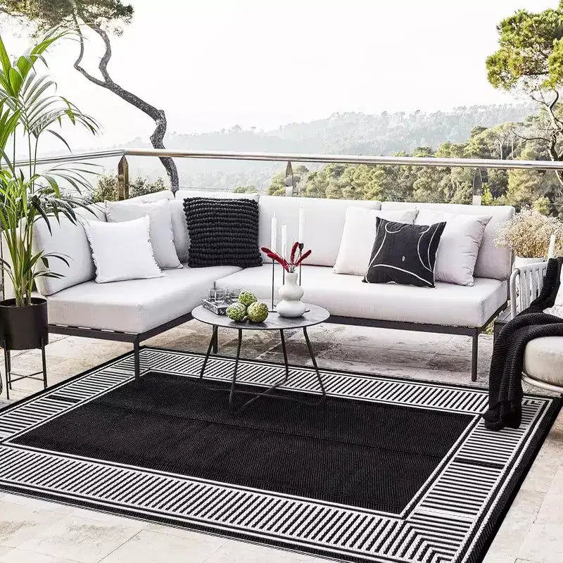 Tapis d'extérieur réversible et imperméable 8x10, en paille plastique résistante aux taches, facile à nettoyer, pour Porche, Terrasse, Balcon, Jardin et Plage, Bordure Noire