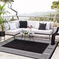 Tapis d'extérieur réversible et imperméable 8x10, en paille plastique résistante aux taches, facile à nettoyer, pour Porche, Terrasse, Balcon, Jardin et Plage, Bordure Noire