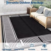 Tapis d'extérieur réversible et imperméable 8x10, en paille plastique résistante aux taches, facile à nettoyer, pour Porche, Terrasse, Balcon, Jardin et Plage, Bordure Noire