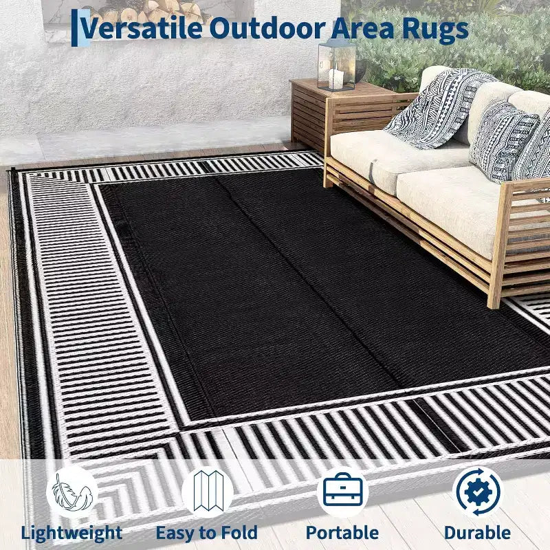 Tapis d'extérieur réversible et imperméable 8x10, en paille plastique résistante aux taches, facile à nettoyer, pour Porche, Terrasse, Balcon, Jardin et Plage, Bordure Noire