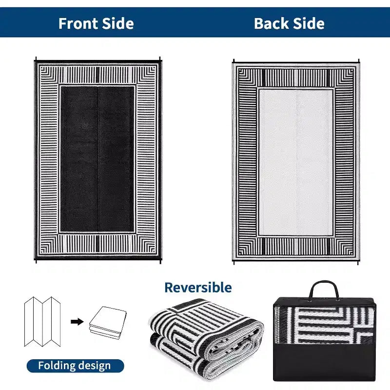 Tapis d'extérieur réversible et imperméable 8x10, en paille plastique résistante aux taches, facile à nettoyer, pour Porche, Terrasse, Balcon, Jardin et Plage, Bordure Noire