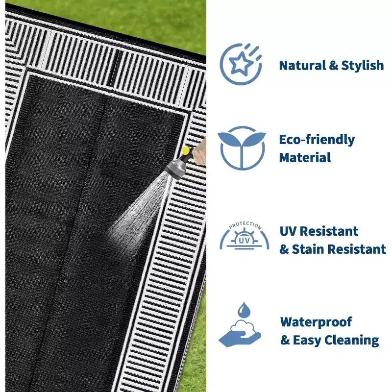 Tapis d'extérieur réversible et imperméable 8x10, en paille plastique résistante aux taches, facile à nettoyer, pour Porche, Terrasse, Balcon, Jardin et Plage, Bordure Noire